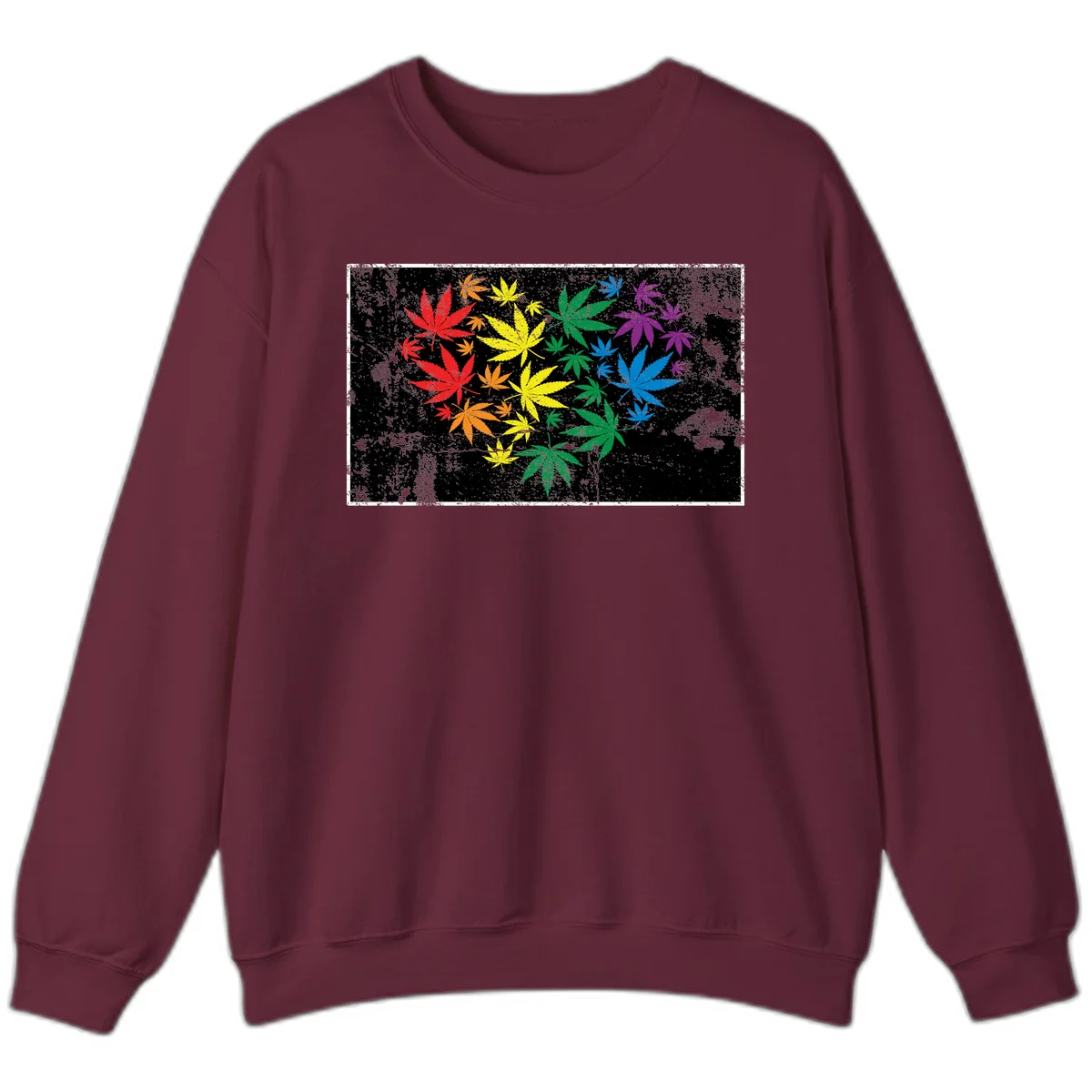 Rainbow cannabis leaves in red, orange, yellow, green, blue, and purple arranged on distressed black background in Maroon