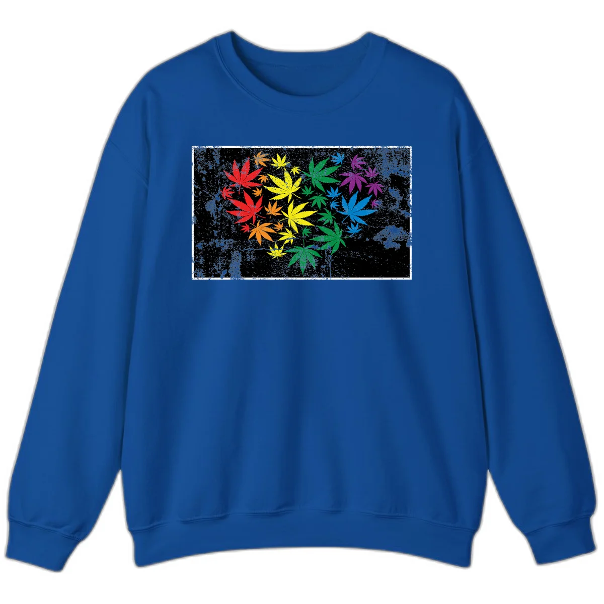 Rainbow cannabis leaves in red, orange, yellow, green, blue, and purple arranged on distressed black background in Royal