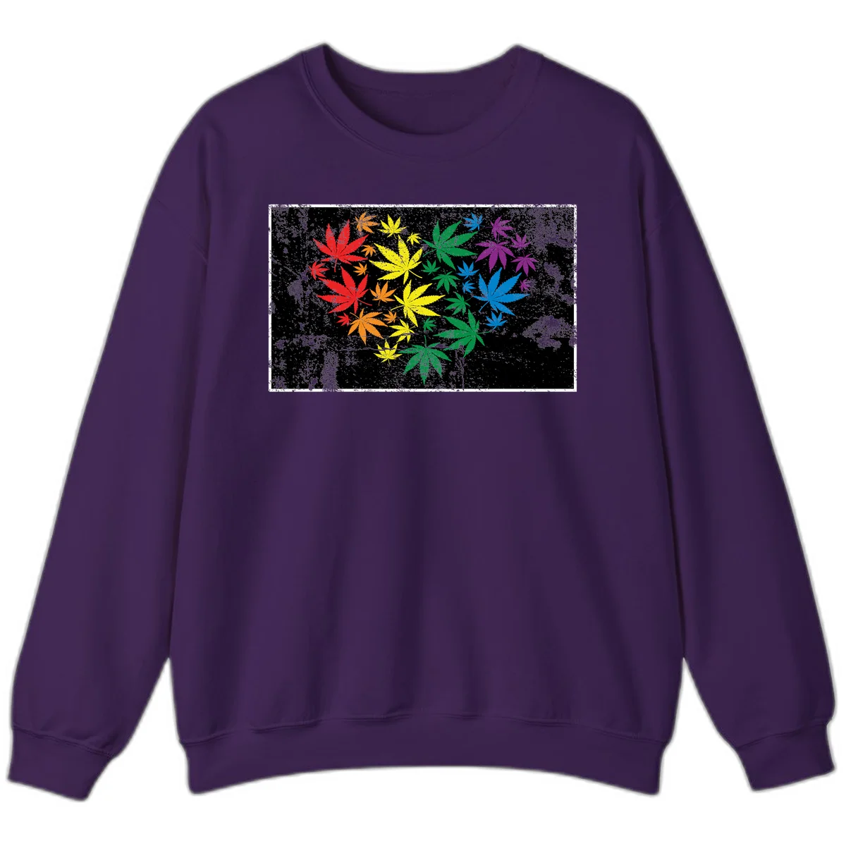 Rainbow cannabis leaves in red, orange, yellow, green, blue, and purple arranged on distressed black background in Purple