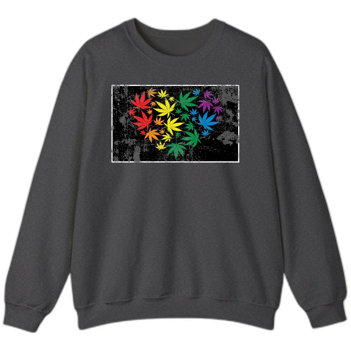 Rainbow cannabis leaves in red, orange, yellow, green, blue, and purple arranged on distressed black background in Dark Heather