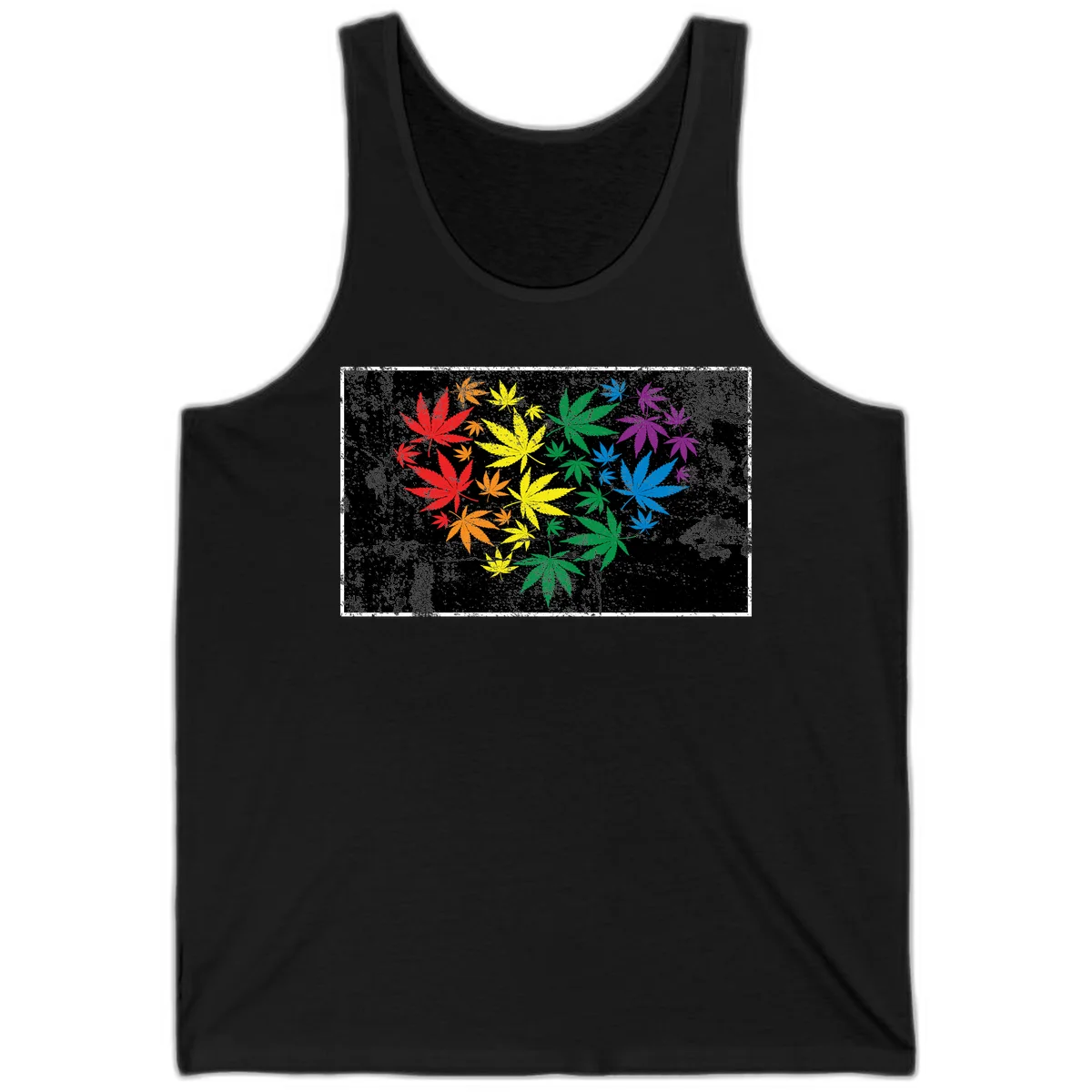 Rainbow cannabis leaves in red, orange, yellow, green, blue, and purple arranged on distressed black background in Black