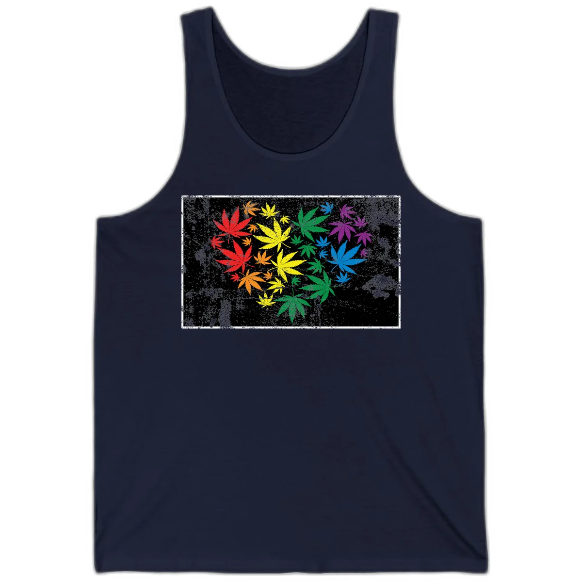 Rainbow cannabis leaves in red, orange, yellow, green, blue, and purple arranged on distressed black background in Navy