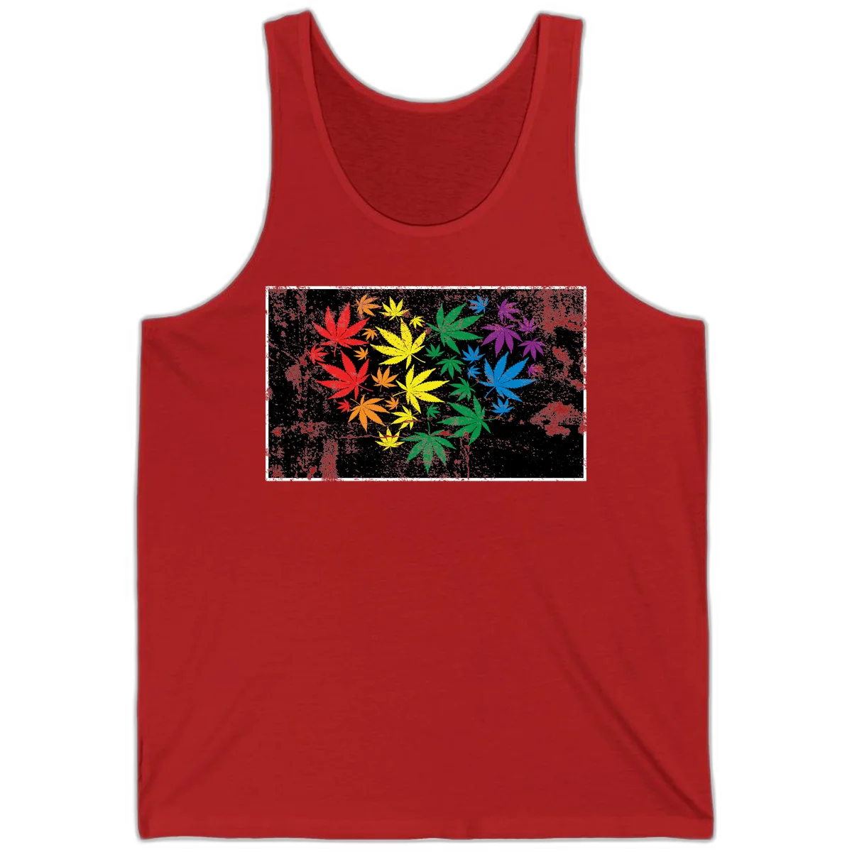 Rainbow cannabis leaves in red, orange, yellow, green, blue, and purple arranged on distressed black background in Red