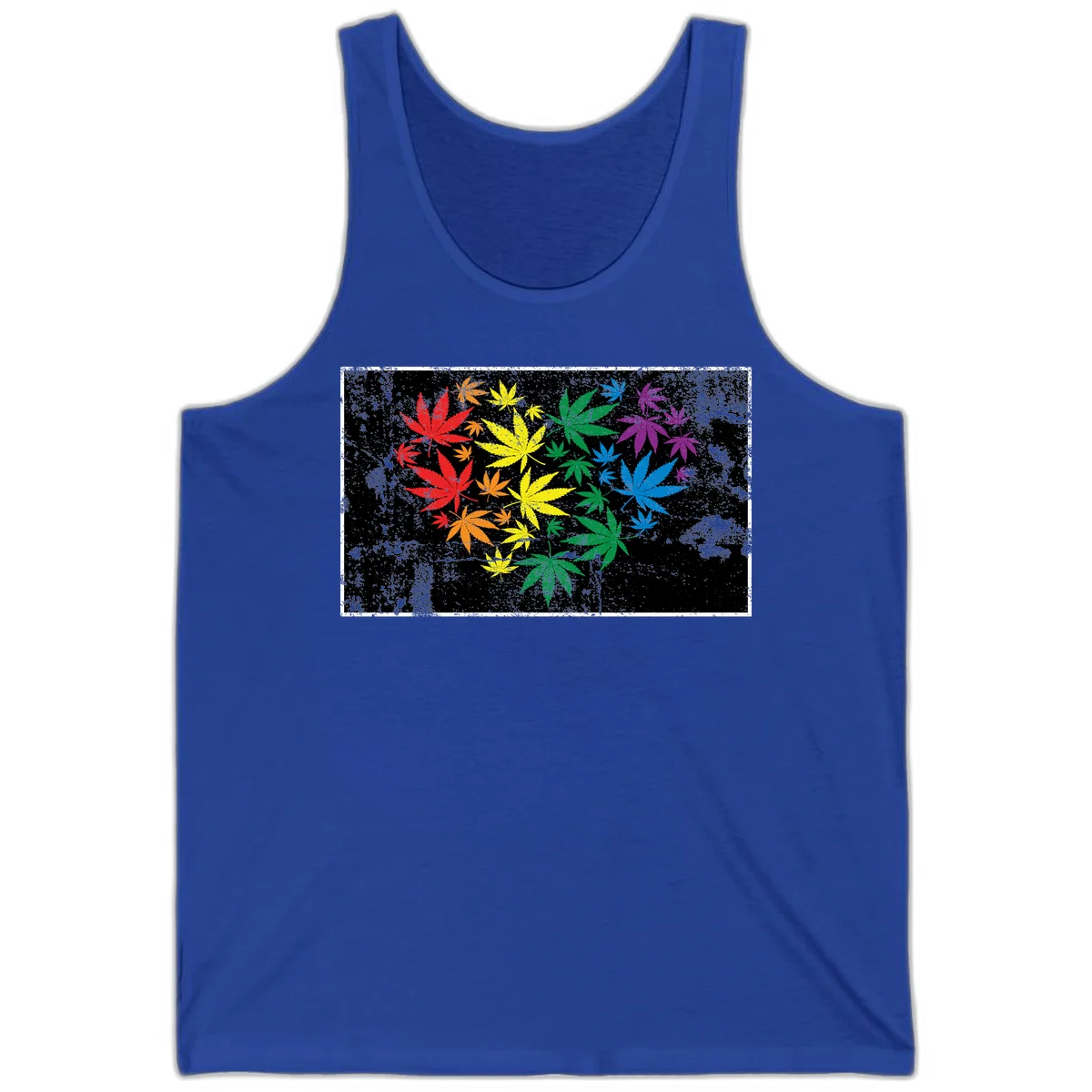 Rainbow cannabis leaves in red, orange, yellow, green, blue, and purple arranged on distressed black background in True Royal