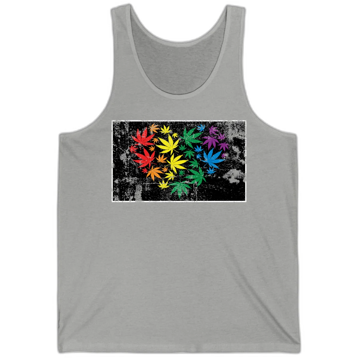 Rainbow cannabis leaves in red, orange, yellow, green, blue, and purple arranged on distressed black background in Athletic Heather