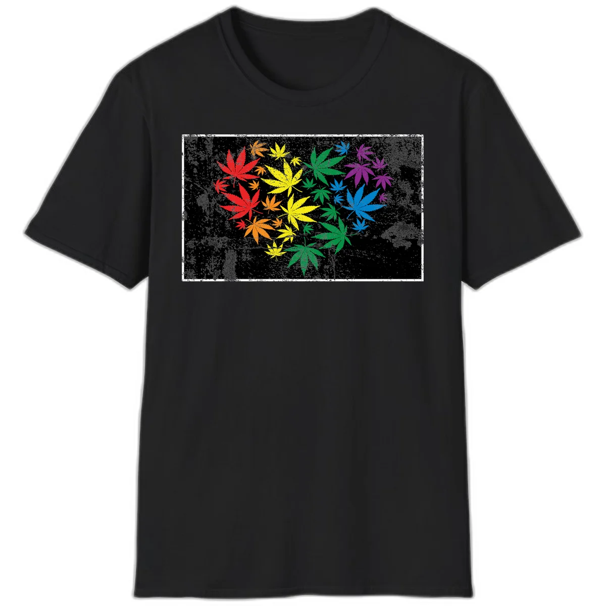Rainbow cannabis leaves in red, orange, yellow, green, blue, and purple arranged on distressed black background in Black