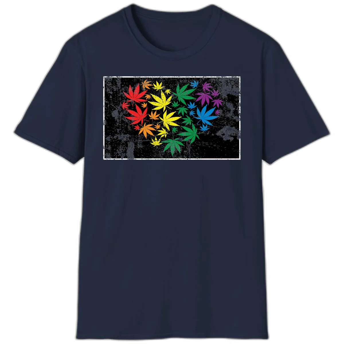 Rainbow cannabis leaves in red, orange, yellow, green, blue, and purple arranged on distressed black background in Navy