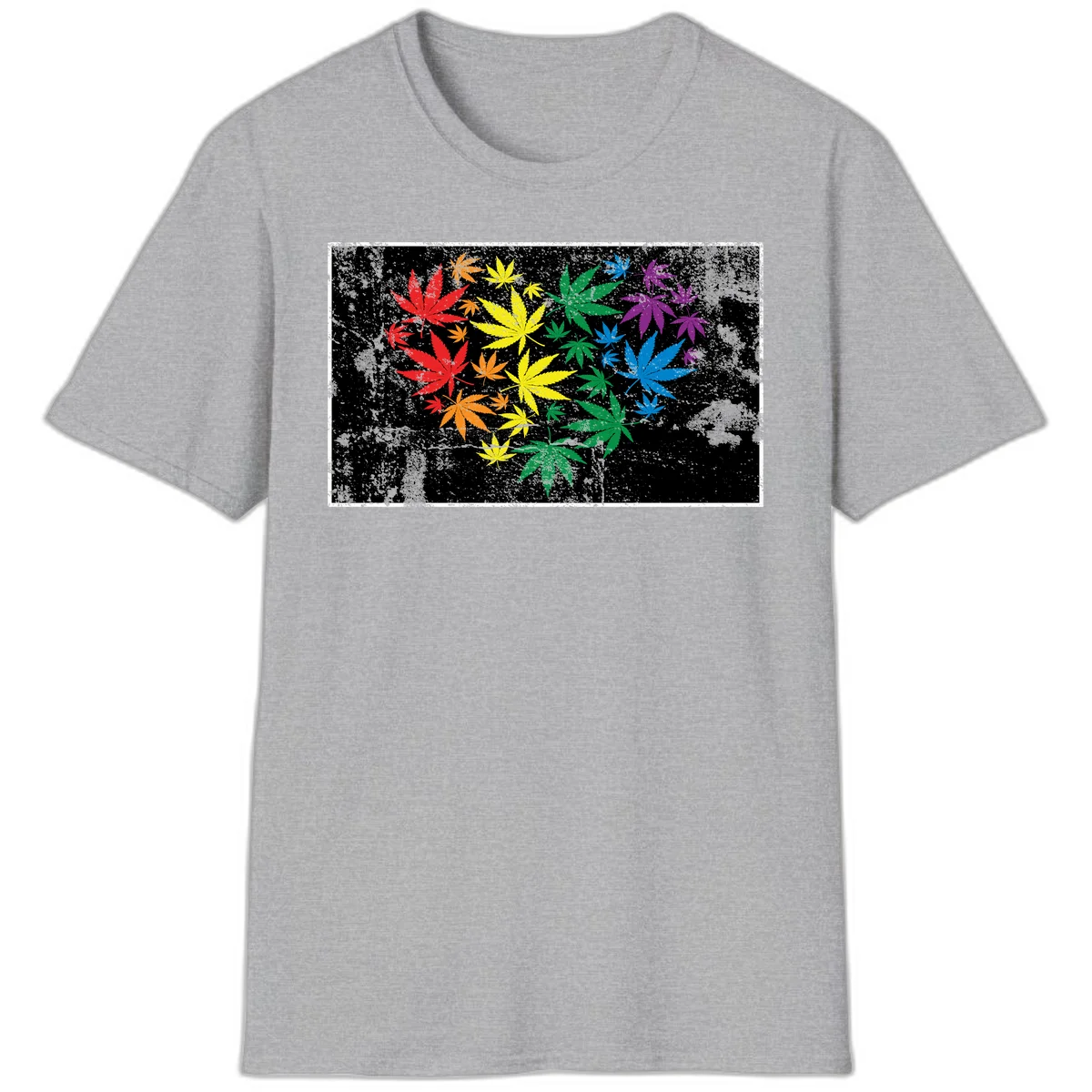 Rainbow cannabis leaves in red, orange, yellow, green, blue, and purple arranged on distressed black background in Sport Grey