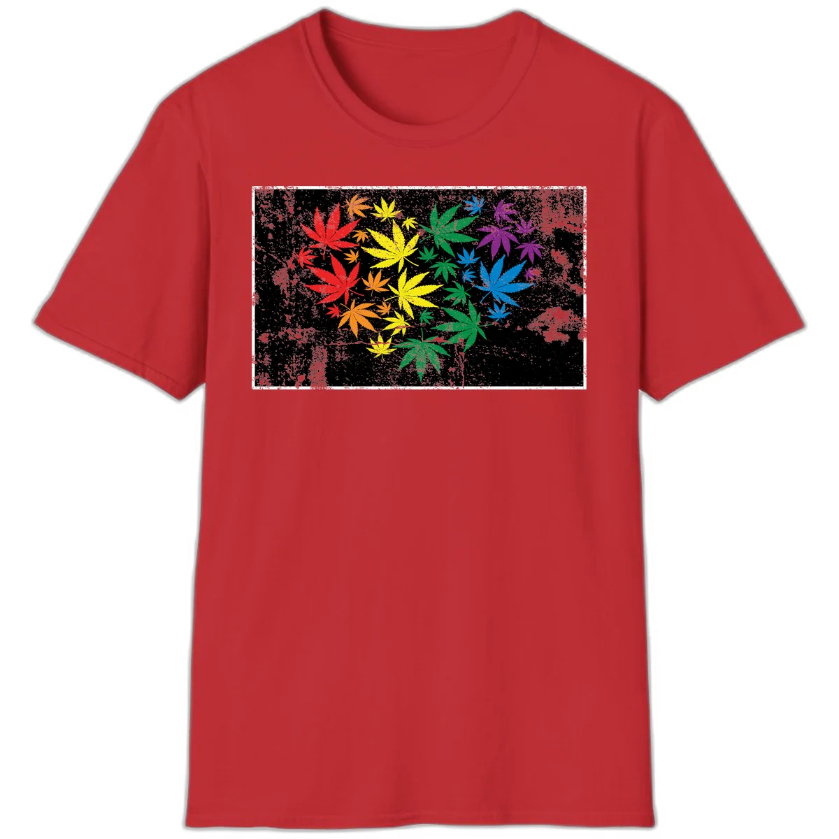 Rainbow cannabis leaves in red, orange, yellow, green, blue, and purple arranged on distressed black background in Red