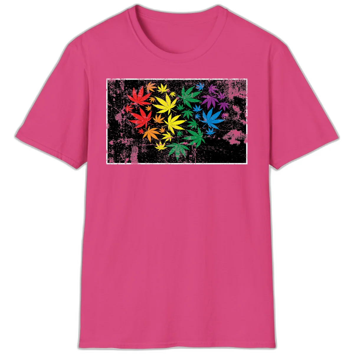 Rainbow cannabis leaves in red, orange, yellow, green, blue, and purple arranged on distressed black background in Heliconia