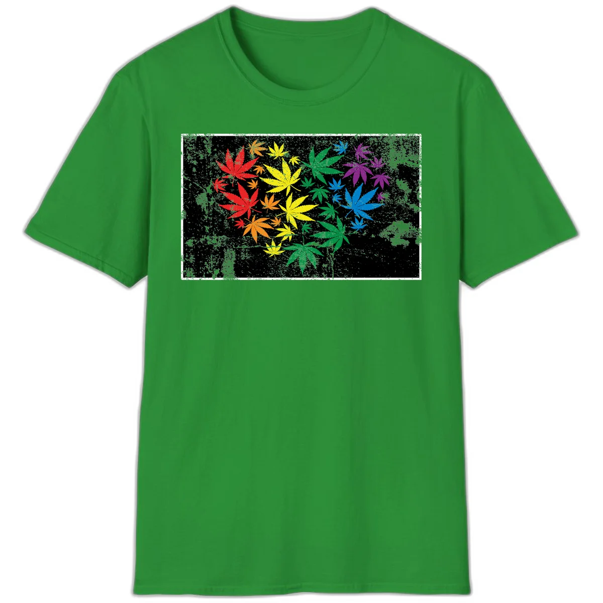 Rainbow cannabis leaves in red, orange, yellow, green, blue, and purple arranged on distressed black background in Irish Green