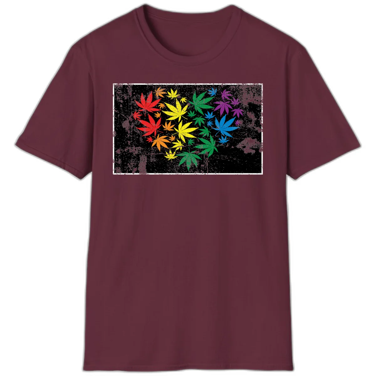 Rainbow cannabis leaves in red, orange, yellow, green, blue, and purple arranged on distressed black background in Maroon