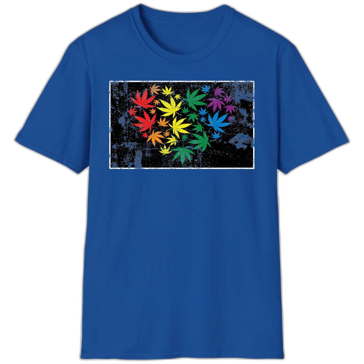Rainbow cannabis leaves in red, orange, yellow, green, blue, and purple arranged on distressed black background in Royal