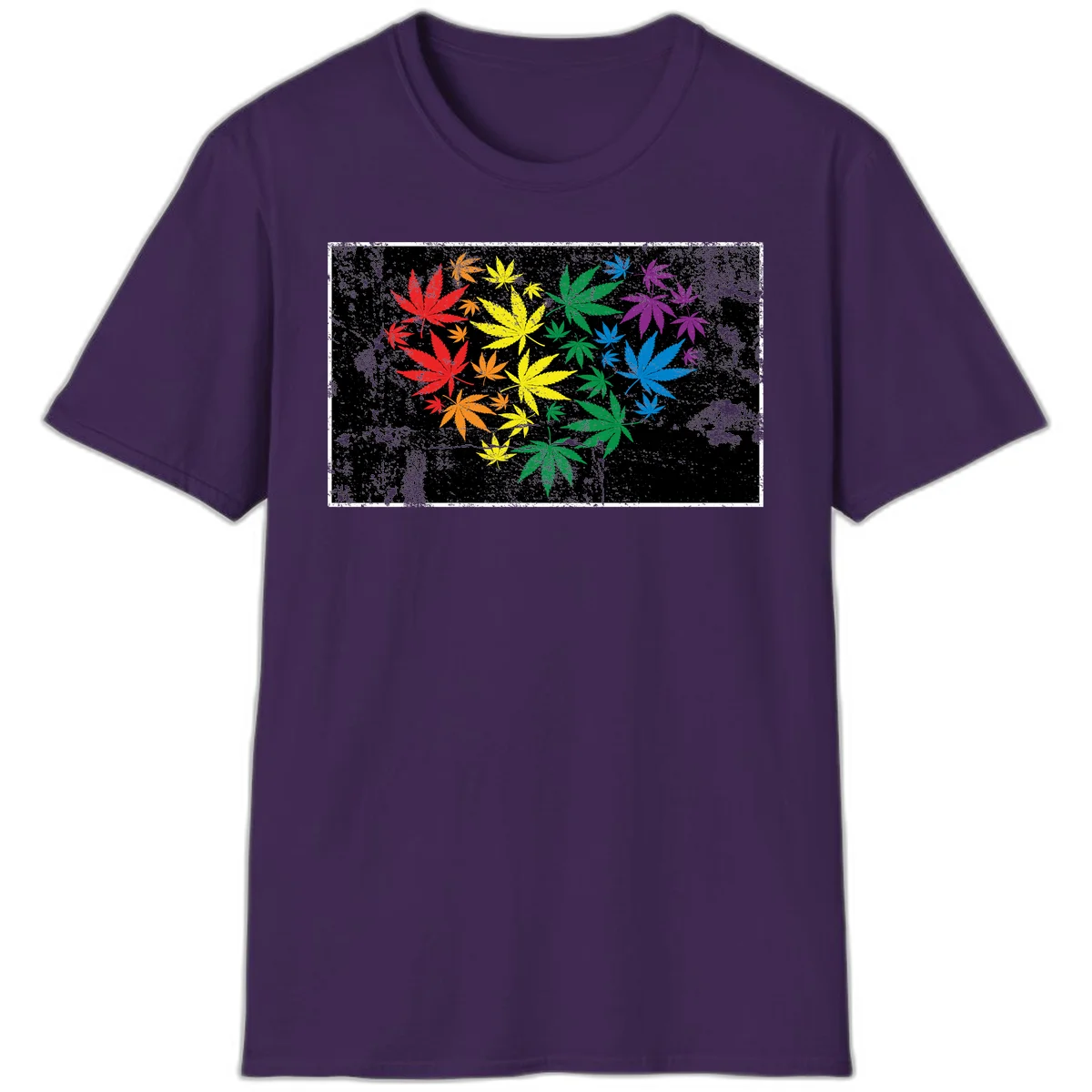 Rainbow cannabis leaves in red, orange, yellow, green, blue, and purple arranged on distressed black background in Purple