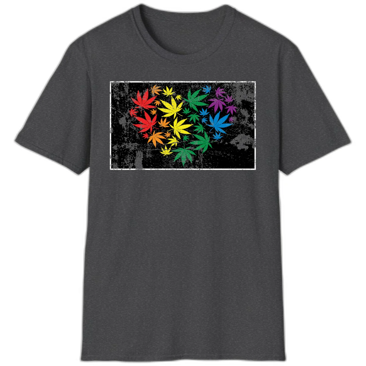 Rainbow cannabis leaves in red, orange, yellow, green, blue, and purple arranged on distressed black background in Dark Heather