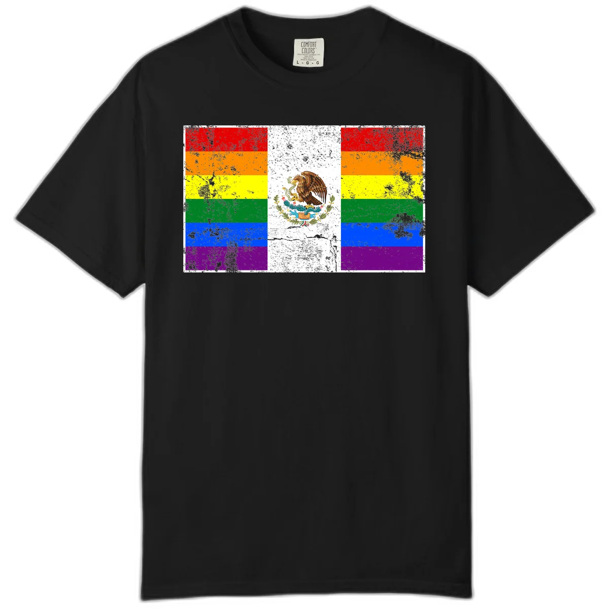 Mexico pride flag fusion design featuring rainbow and Mexican flag stripes with golden eagle emblem and grunge texture in Black