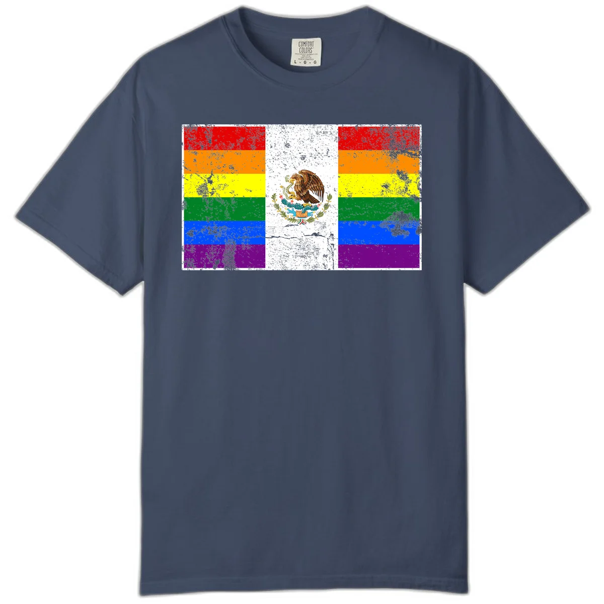 Mexico pride flag fusion design featuring rainbow and Mexican flag stripes with golden eagle emblem and grunge texture in Midnight