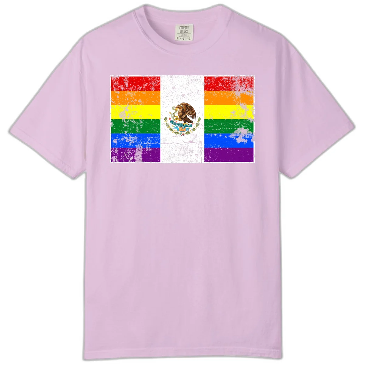 Mexico pride flag fusion design featuring rainbow and Mexican flag stripes with golden eagle emblem and grunge texture in Orchid