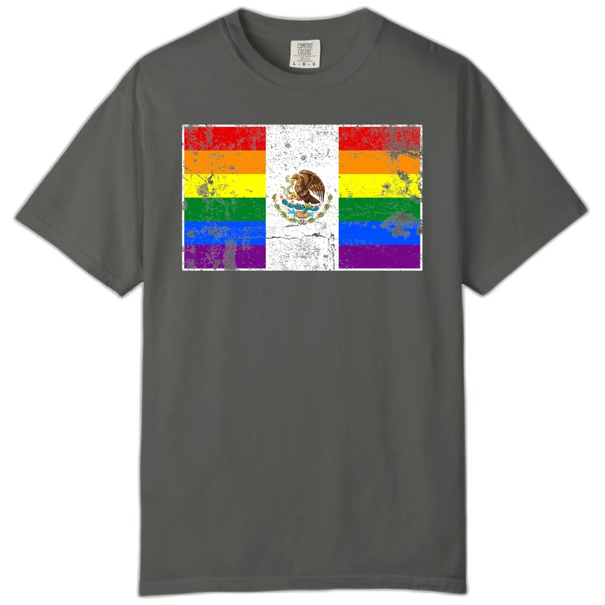 Mexico pride flag fusion design featuring rainbow and Mexican flag stripes with golden eagle emblem and grunge texture in Pepper