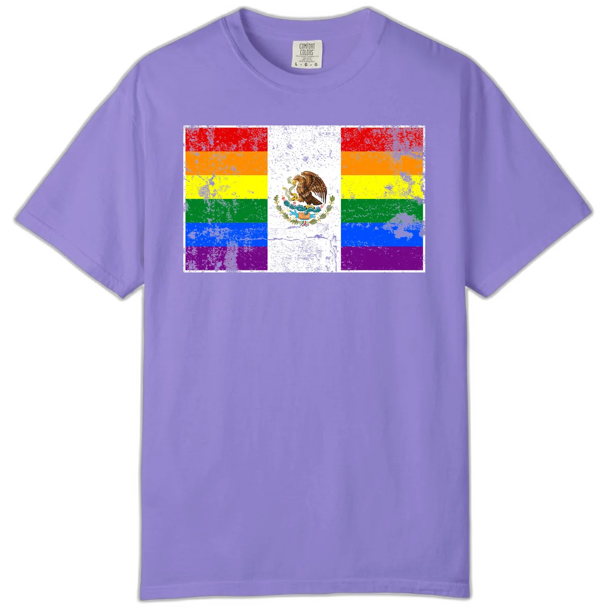 Mexico pride flag fusion design featuring rainbow and Mexican flag stripes with golden eagle emblem and grunge texture in Violet