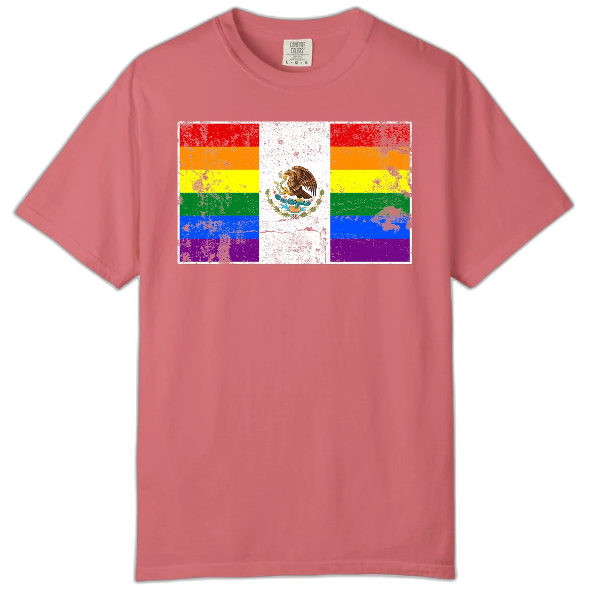 Mexico pride flag fusion design featuring rainbow and Mexican flag stripes with golden eagle emblem and grunge texture in Watermelon