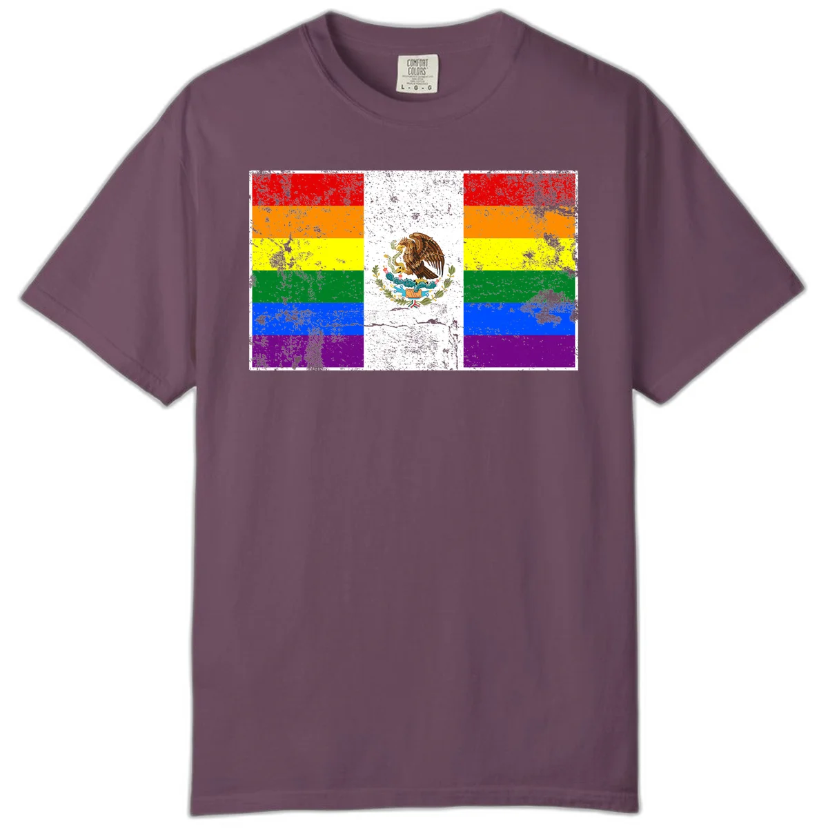 Mexico pride flag fusion design featuring rainbow and Mexican flag stripes with golden eagle emblem and grunge texture in Berry