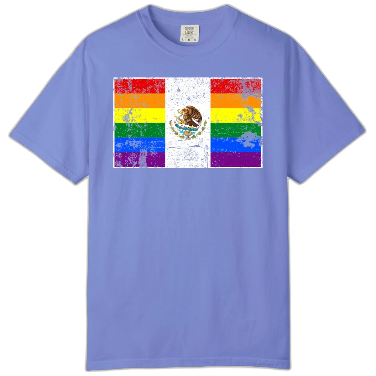 Mexico pride flag fusion design featuring rainbow and Mexican flag stripes with golden eagle emblem and grunge texture in Flo Blue