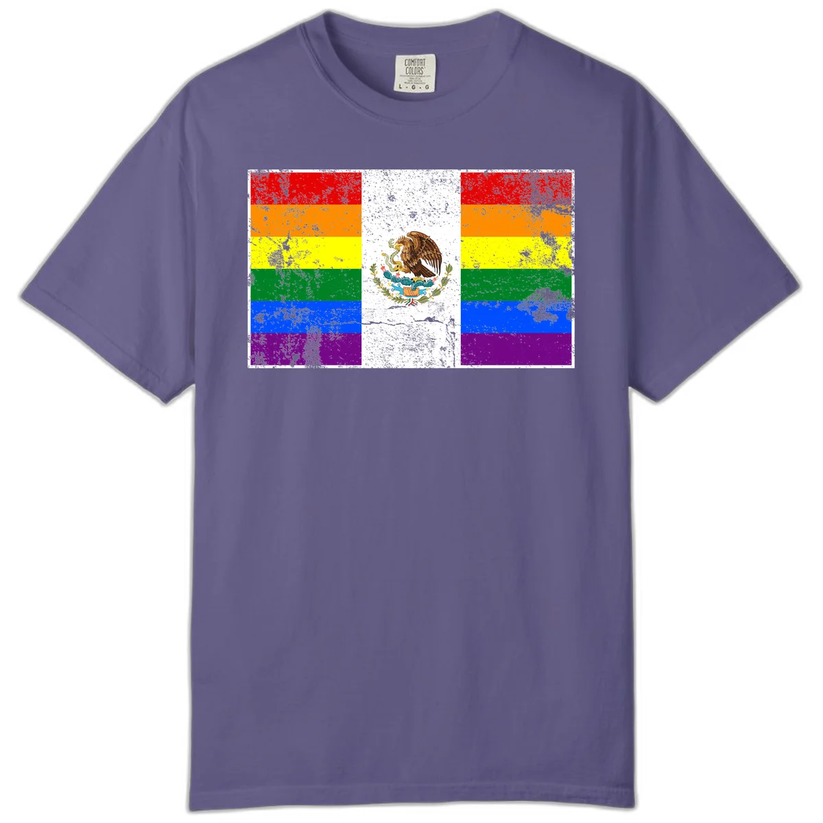Mexico pride flag fusion design featuring rainbow and Mexican flag stripes with golden eagle emblem and grunge texture in Grape