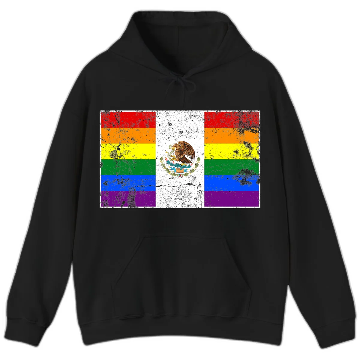 Mexico pride flag fusion design featuring rainbow and Mexican flag stripes with golden eagle emblem and grunge texture in Black