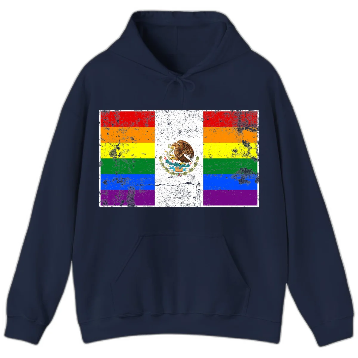 Mexico pride flag fusion design featuring rainbow and Mexican flag stripes with golden eagle emblem and grunge texture in Navy