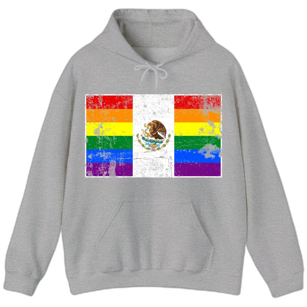 Mexico pride flag fusion design featuring rainbow and Mexican flag stripes with golden eagle emblem and grunge texture in Sport Grey