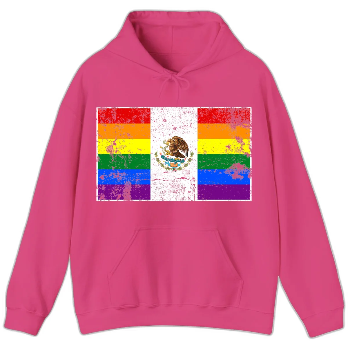 Mexico pride flag fusion design featuring rainbow and Mexican flag stripes with golden eagle emblem and grunge texture in Heliconia