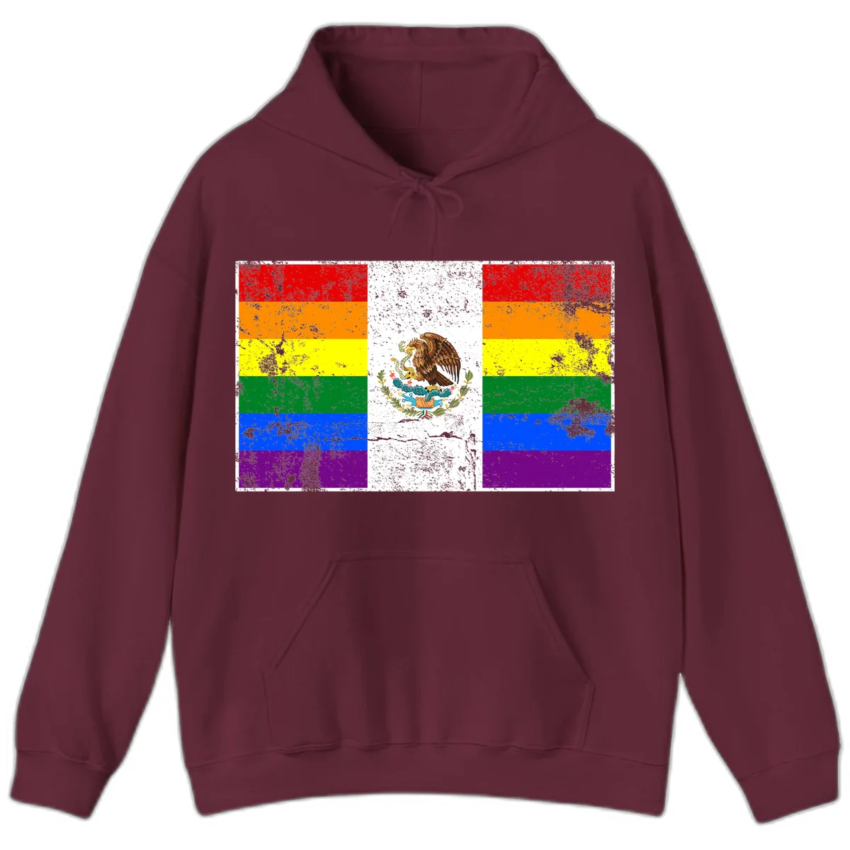 Mexico pride flag fusion design featuring rainbow and Mexican flag stripes with golden eagle emblem and grunge texture in Maroon