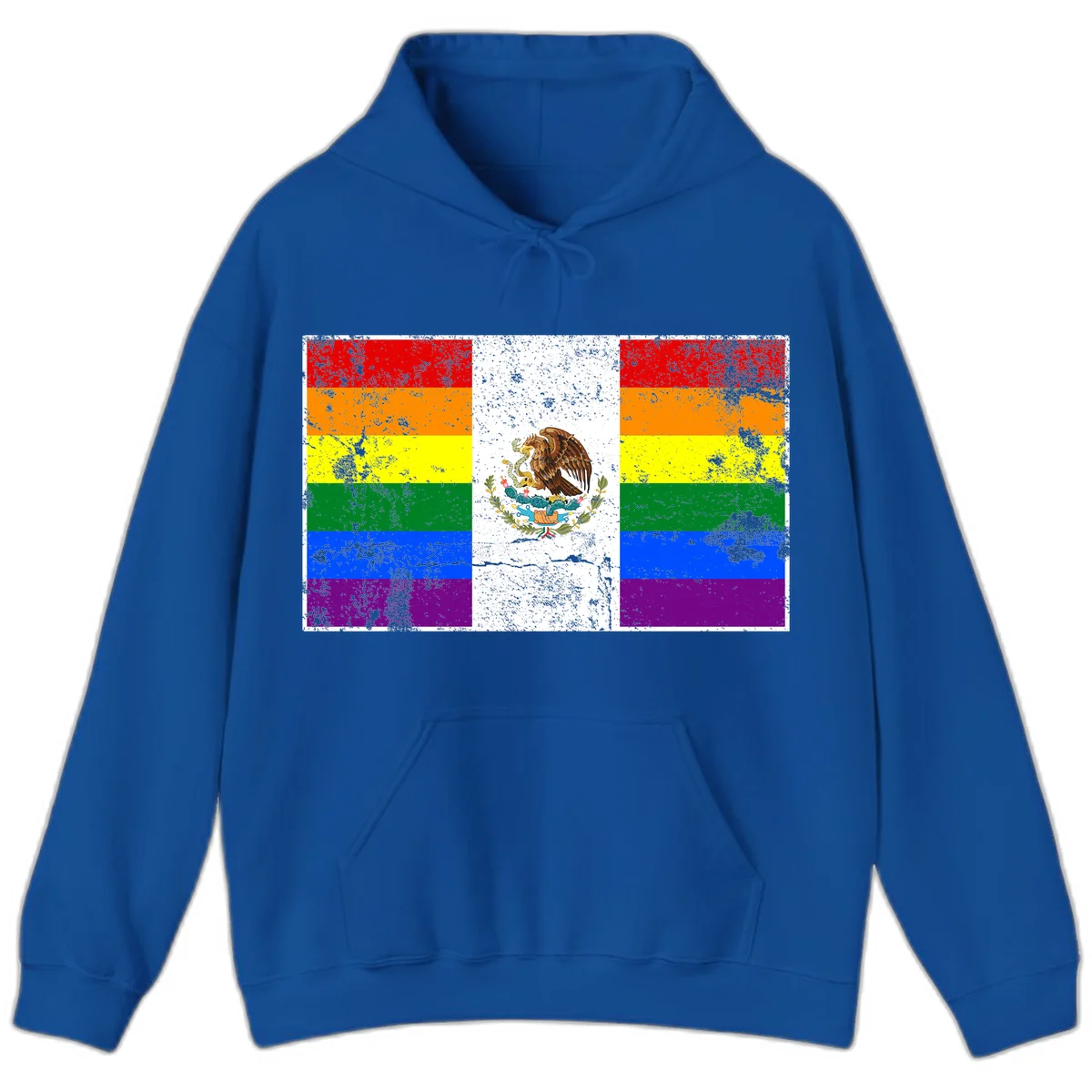 Mexico pride flag fusion design featuring rainbow and Mexican flag stripes with golden eagle emblem and grunge texture in Royal