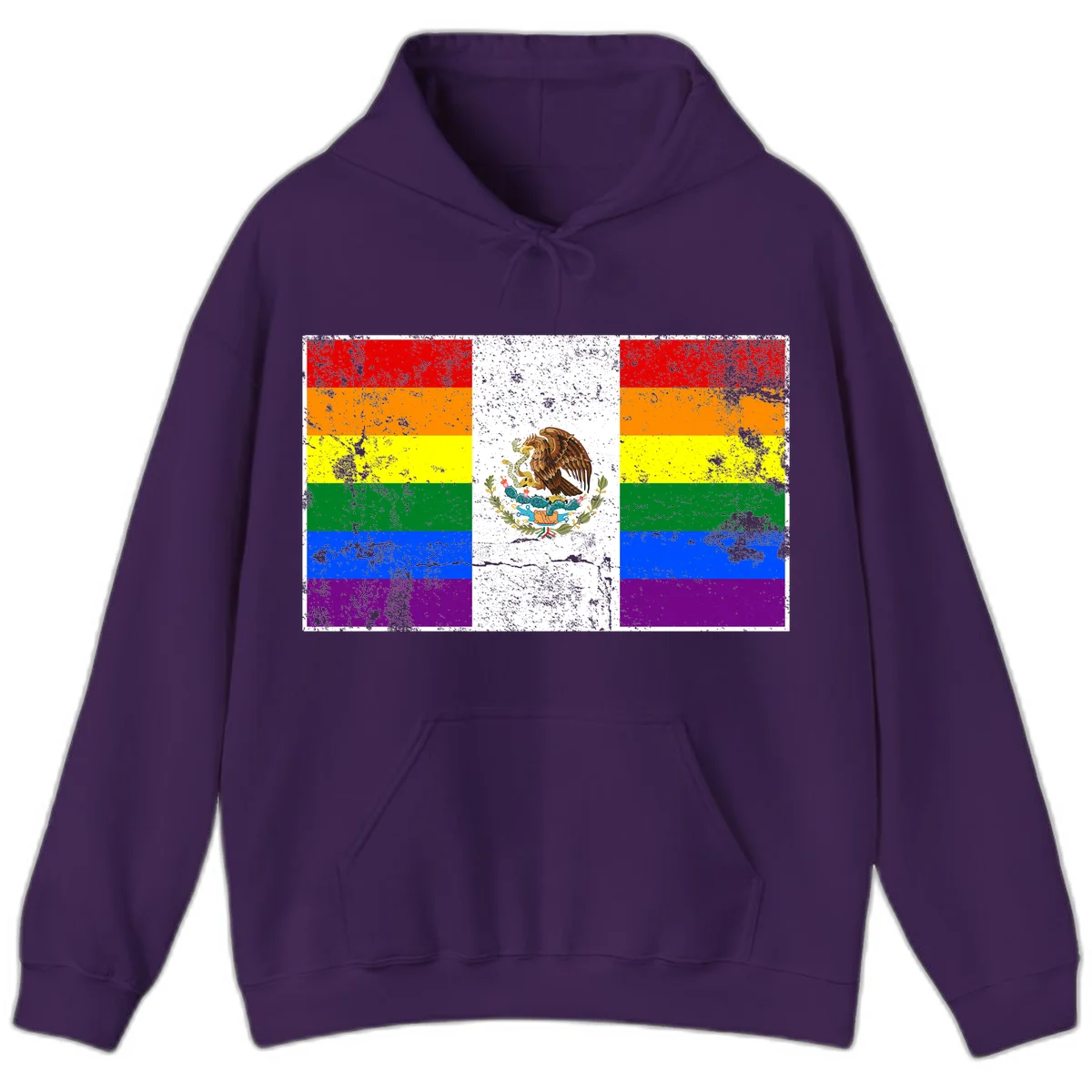 Mexico pride flag fusion design featuring rainbow and Mexican flag stripes with golden eagle emblem and grunge texture in Purple
