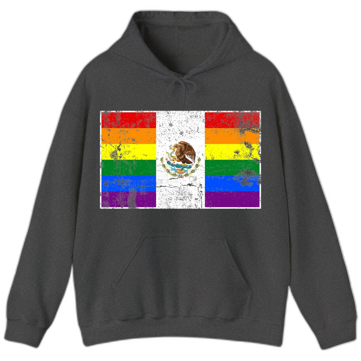 Mexico pride flag fusion design featuring rainbow and Mexican flag stripes with golden eagle emblem and grunge texture in Dark Heather