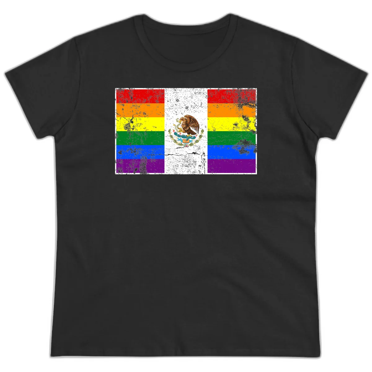 Mexico pride flag fusion design featuring rainbow and Mexican flag stripes with golden eagle emblem and grunge texture in Black