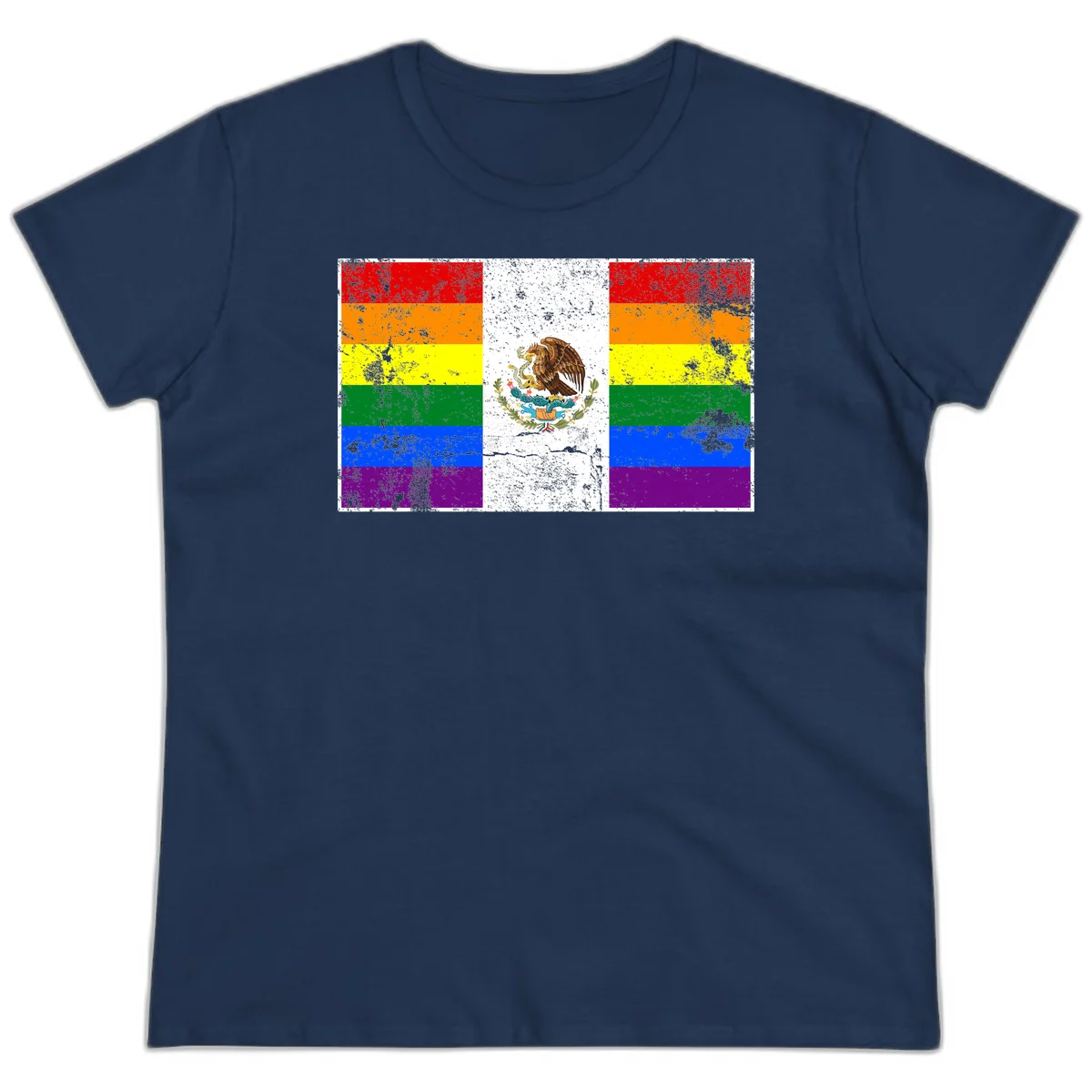 Mexico pride flag fusion design featuring rainbow and Mexican flag stripes with golden eagle emblem and grunge texture in Navy