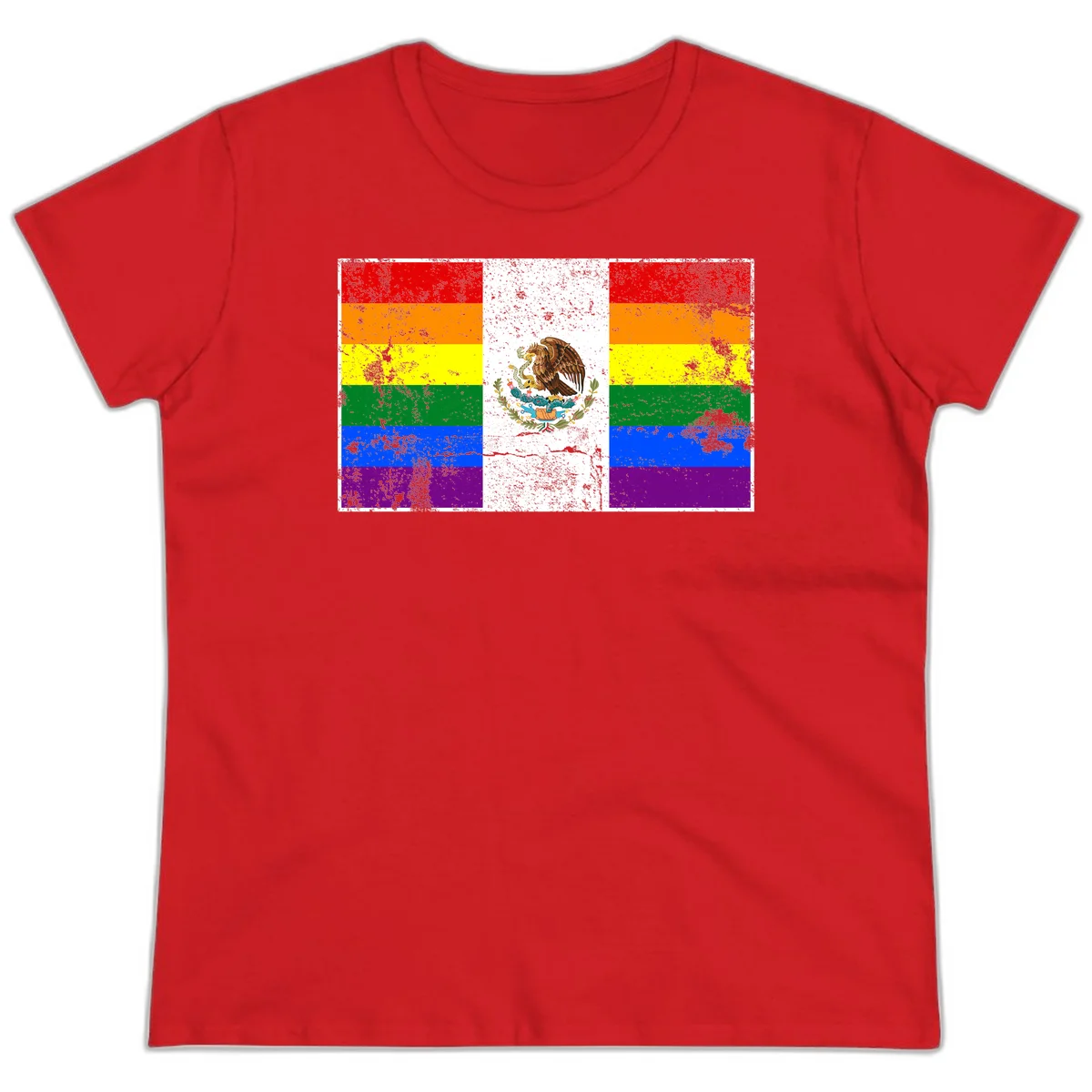 Mexico pride flag fusion design featuring rainbow and Mexican flag stripes with golden eagle emblem and grunge texture in Red