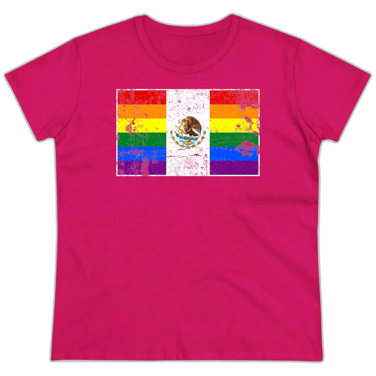 Mexico pride flag fusion design featuring rainbow and Mexican flag stripes with golden eagle emblem and grunge texture in Heliconia