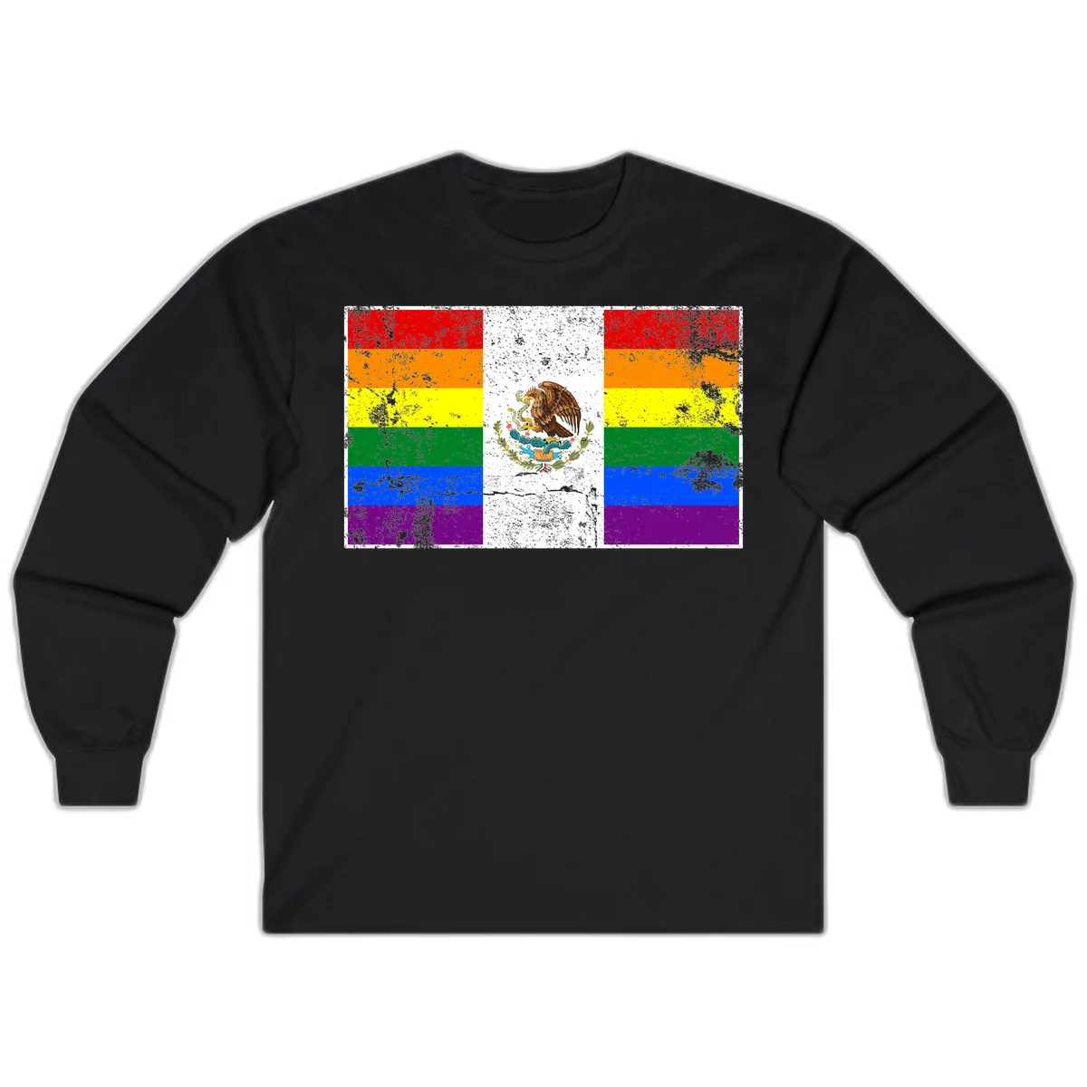 Mexico pride flag fusion design featuring rainbow and Mexican flag stripes with golden eagle emblem and grunge texture in Black