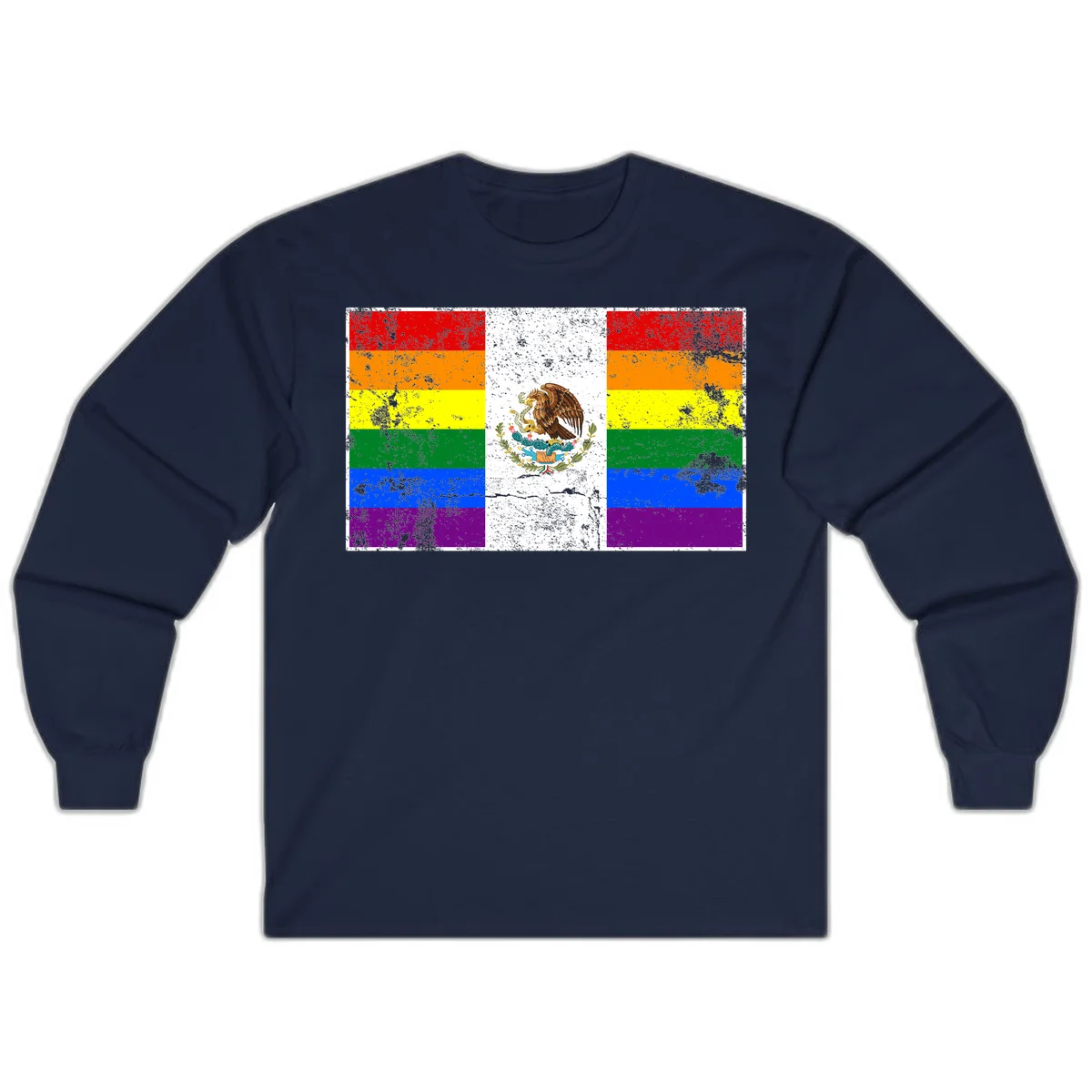 Mexico pride flag fusion design featuring rainbow and Mexican flag stripes with golden eagle emblem and grunge texture in Navy