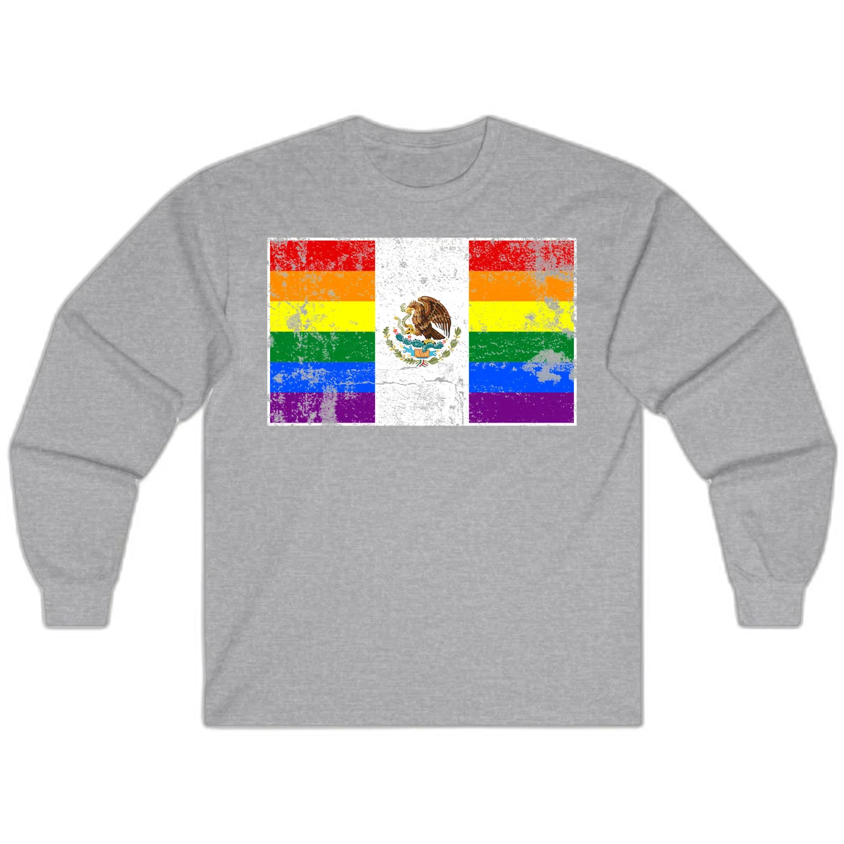 Mexico pride flag fusion design featuring rainbow and Mexican flag stripes with golden eagle emblem and grunge texture in Sport Grey