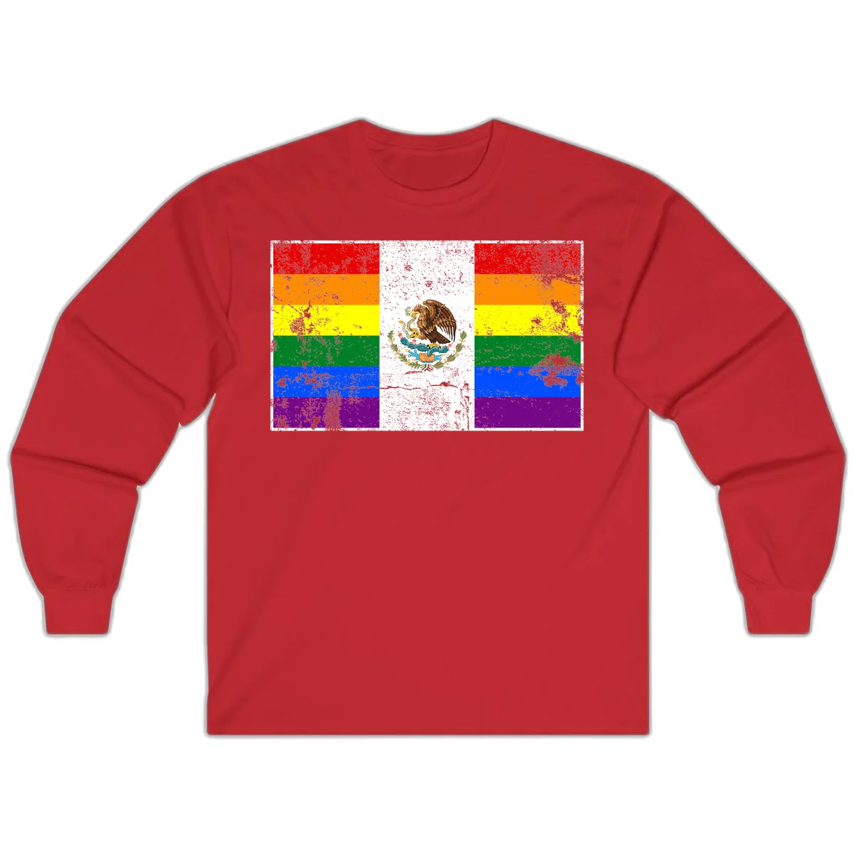 Mexico pride flag fusion design featuring rainbow and Mexican flag stripes with golden eagle emblem and grunge texture in Red