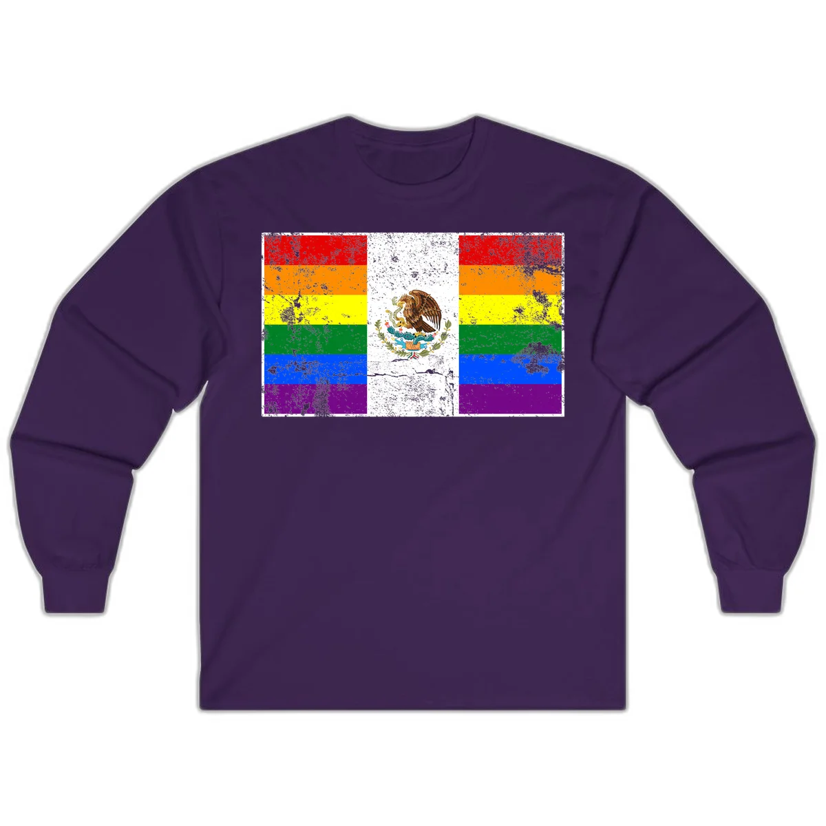 Mexico pride flag fusion design featuring rainbow and Mexican flag stripes with golden eagle emblem and grunge texture in Purple