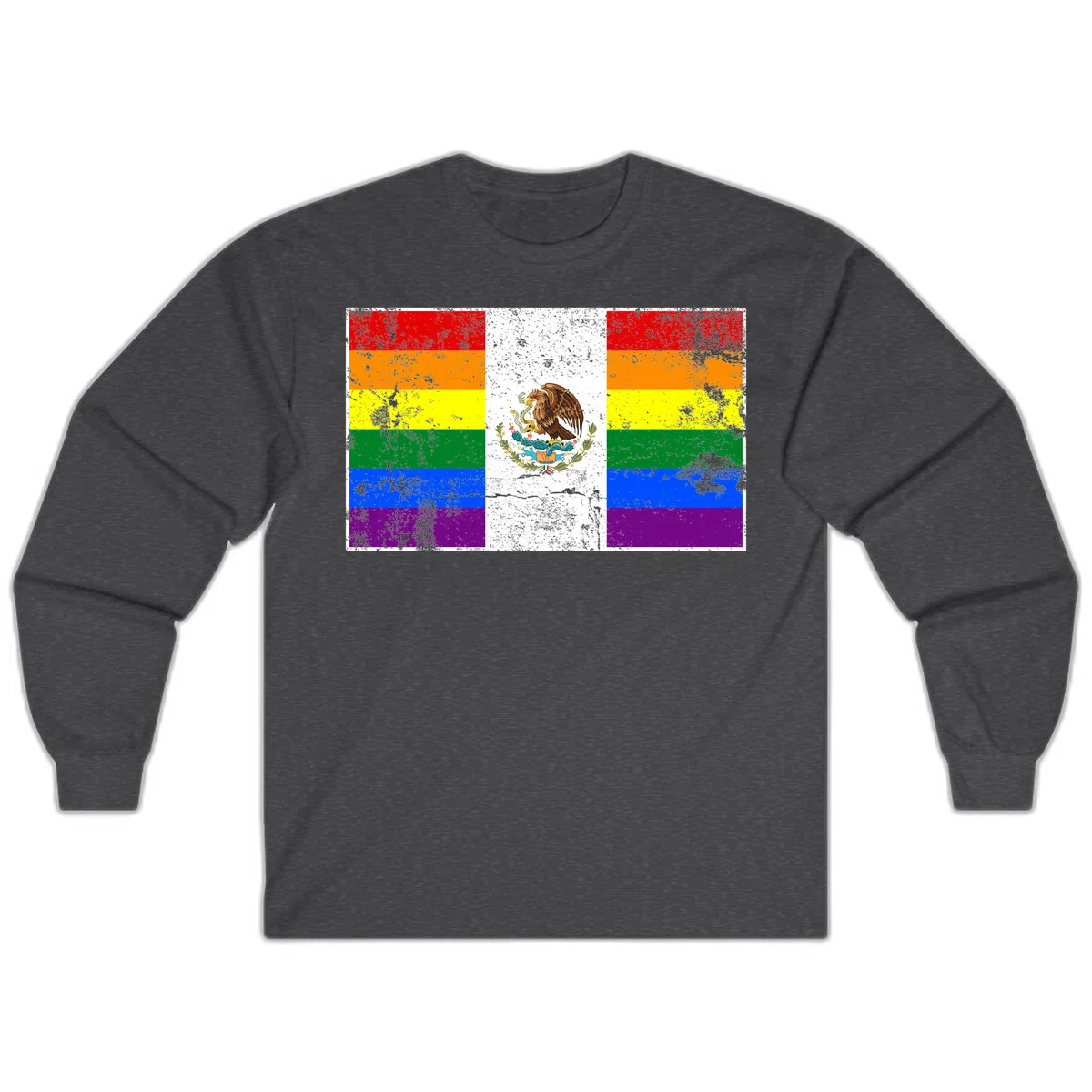 Mexico pride flag fusion design featuring rainbow and Mexican flag stripes with golden eagle emblem and grunge texture in Dark Heather