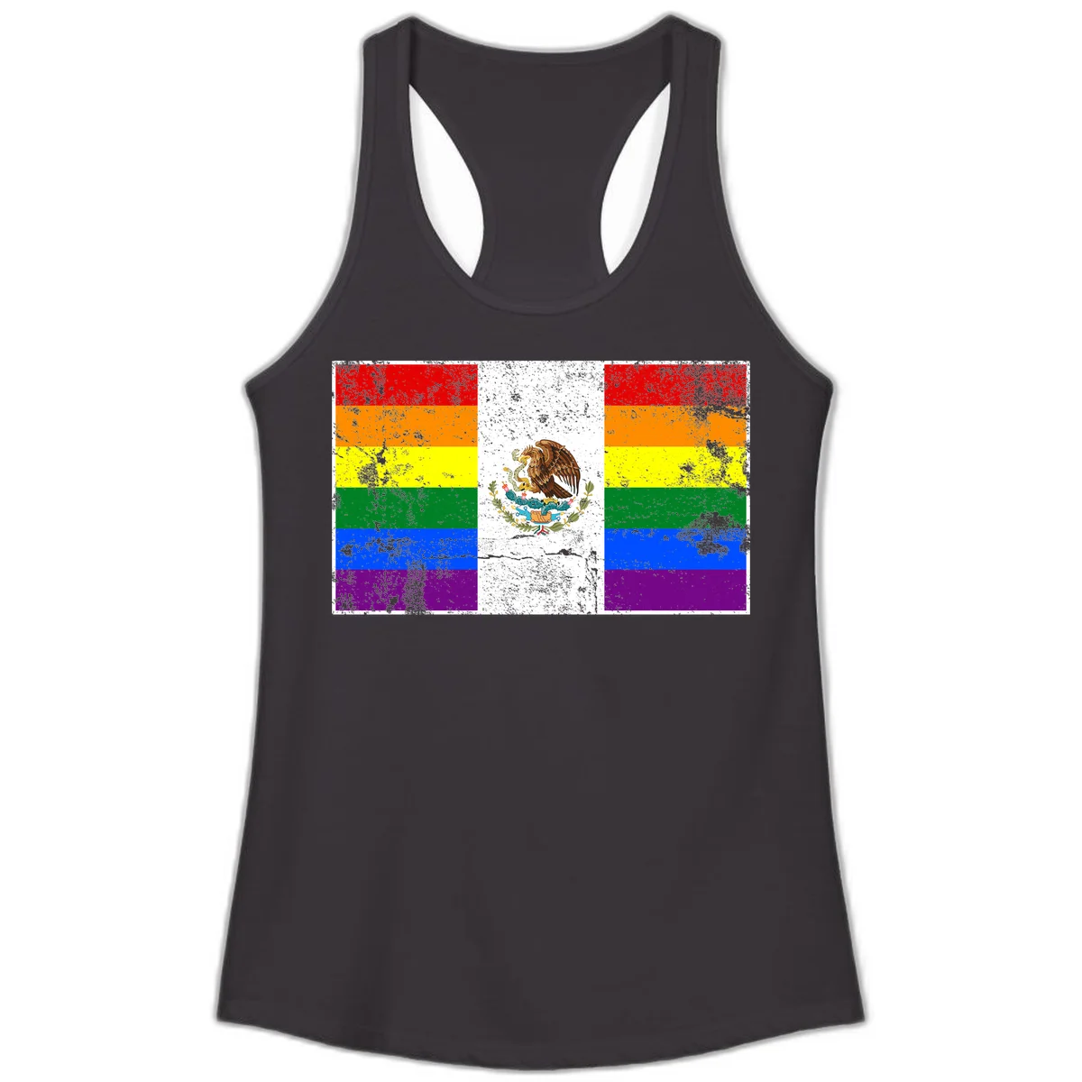 Mexico pride flag fusion design featuring rainbow and Mexican flag stripes with golden eagle emblem and grunge texture in Black