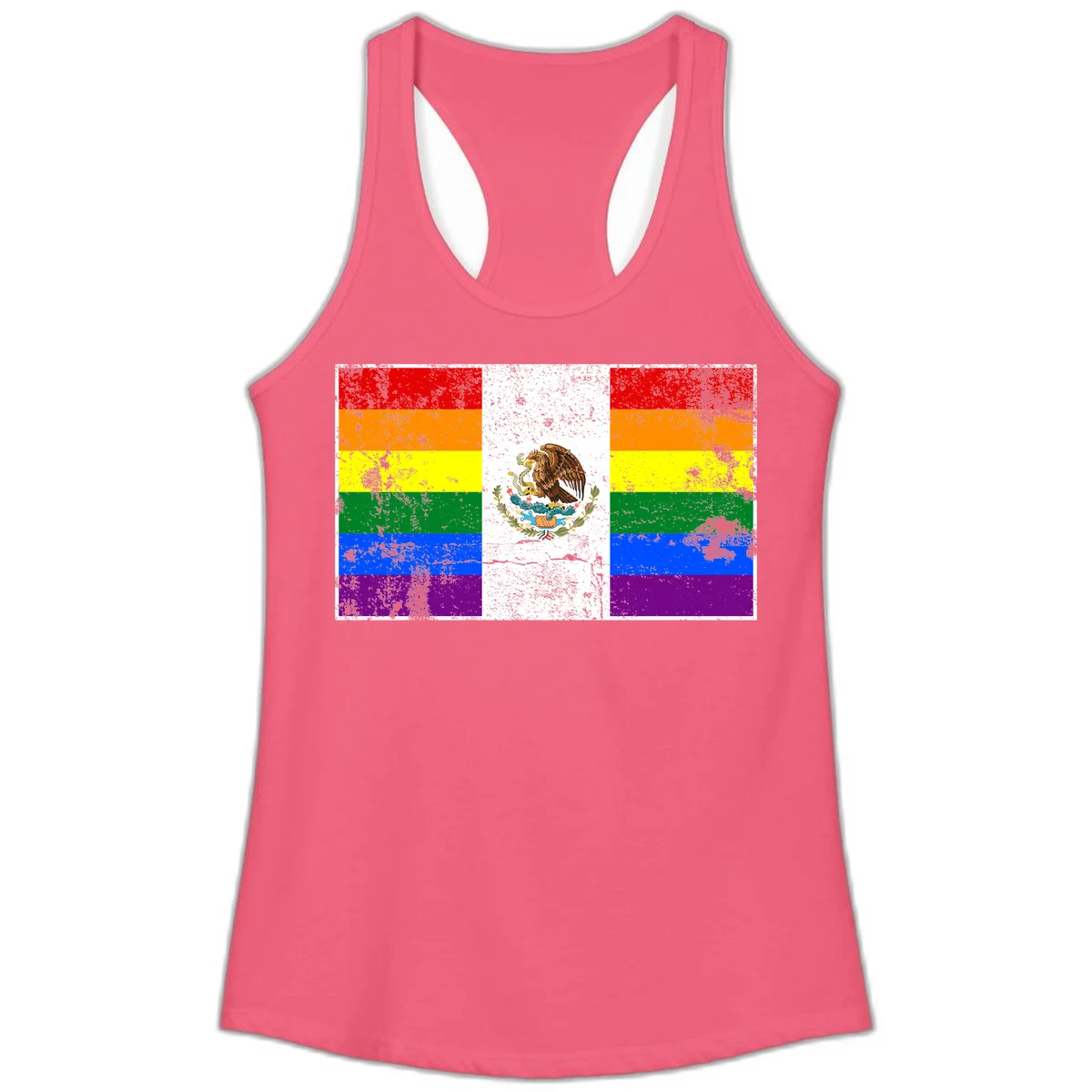 Mexico pride flag fusion design featuring rainbow and Mexican flag stripes with golden eagle emblem and grunge texture in Hot Pink