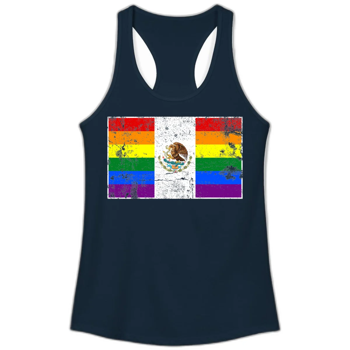 Mexico pride flag fusion design featuring rainbow and Mexican flag stripes with golden eagle emblem and grunge texture in Solid Midnight Navy