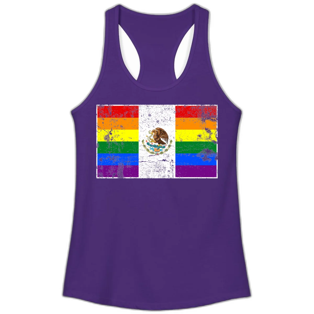 Mexico pride flag fusion design featuring rainbow and Mexican flag stripes with golden eagle emblem and grunge texture in Solid Purple Rush